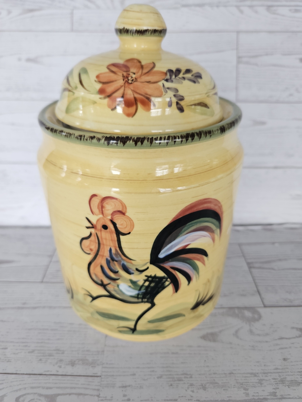 Hand-Painted Yellow Rooster Ceramic Canister with Lid - Unbranded